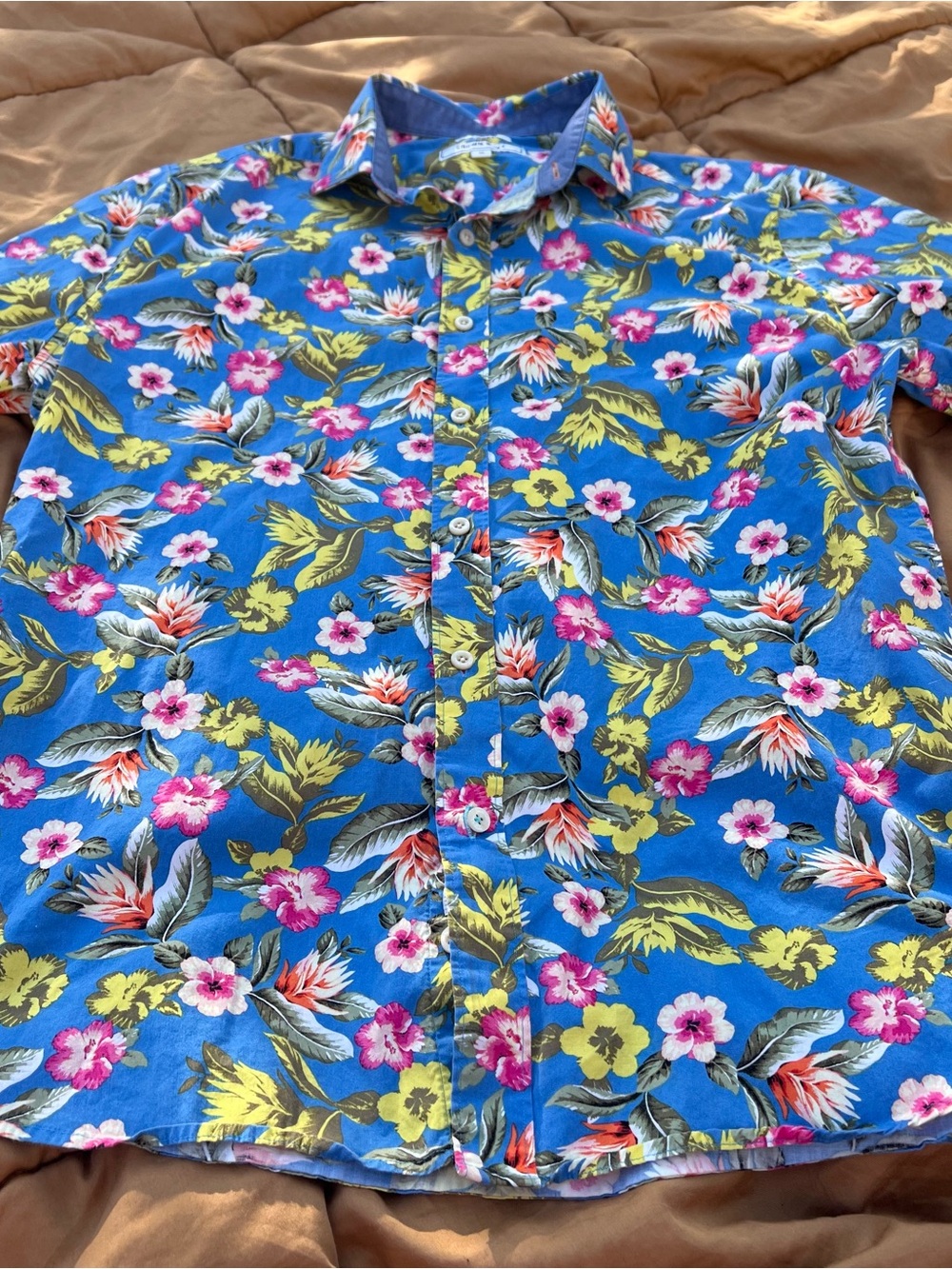 crown & ivy Blue Floral Tropical Hawaiian Short-Sleeve Button-Down Shirt Size M